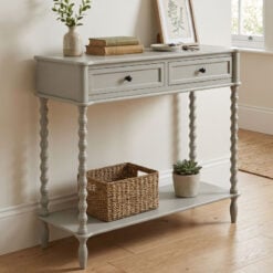 Rustic Country Farmhouse Light Grey Solid Wood 2 Tier 2 Drawer Console Table 90cm