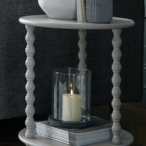 Rustic Country Farmhouse Light Grey Solid Wood 2 Tier Round Side Table With Carved Legs 60cm