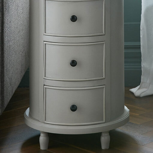 Rustic Country Farmhouse Light Grey Solid Wood 3 Drawer Round Side Table Bedside Cabinet