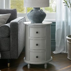 Rustic Country Farmhouse Light Grey Solid Wood 3 Drawer Round Side Table Bedside Cabinet