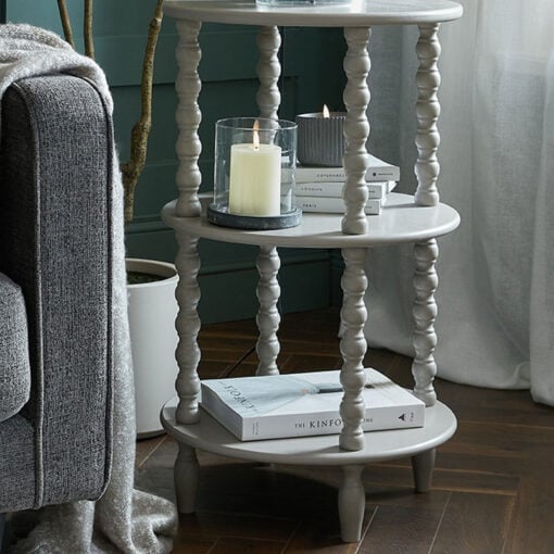 Rustic Country Farmhouse Light Grey Solid Wood 3 Tier Round Tall Side Table With Carved Legs 76cm