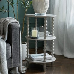 Rustic Country Farmhouse Light Grey Solid Wood 3 Tier Round Tall Side Table With Carved Legs 76cm