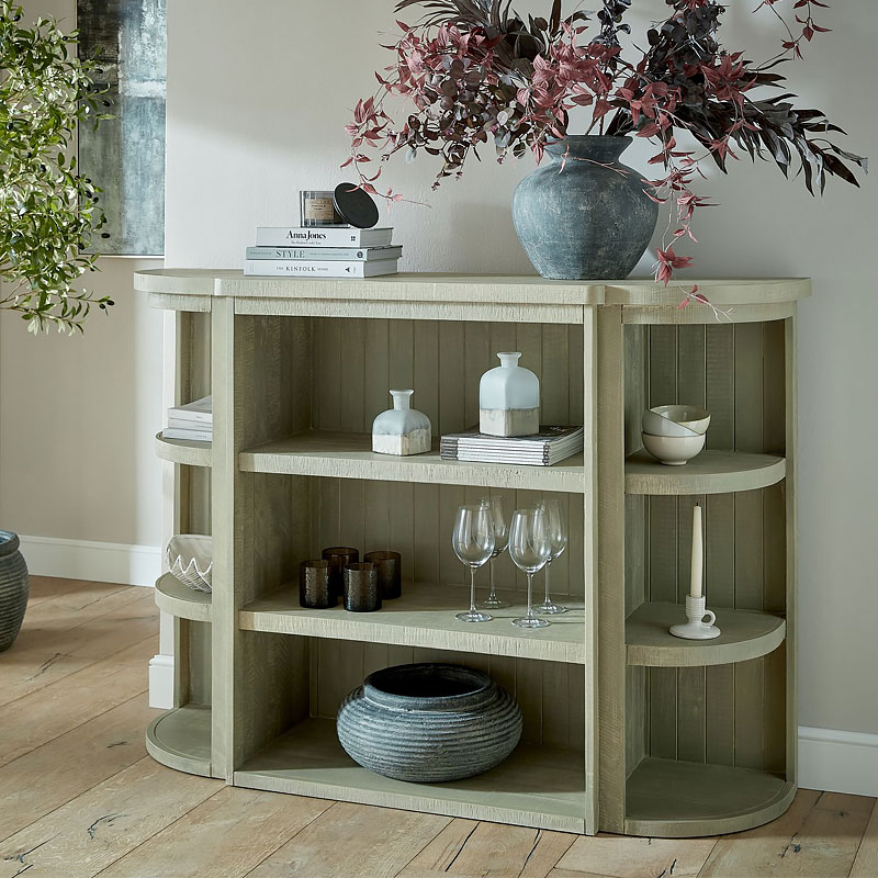 Rustic Grey Tint Light Pine Wood 4 Tier Open Shelving Display Unit Sideboard 153cm Rustic Grey Tint Light Pine Wood 4 Tier Open Shelving Display Unit Sideboard 153cm