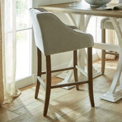 Rustic Light Grey Woven Fabric And Solid Rubberwood Bar Stool