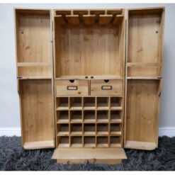 Rustic Marquetry Style Solid Light Fir Wood 2 Door Wine Bar Drinks Cabinet With Gold Metal Door Handles