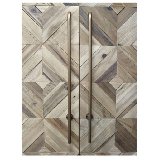 Rustic Marquetry Style Solid Light Fir Wood 2 Door Wine Bar Drinks Cabinet With Gold Metal Door Handles