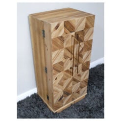 Rustic Marquetry Style Solid Light Fir Wood 2 Door Wine Bar Drinks Cabinet With Gold Metal Door Handles