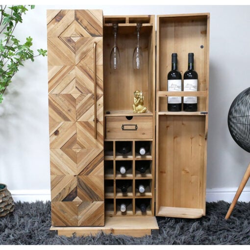 Rustic Marquetry Style Solid Light Fir Wood 2 Door Wine Bar Drinks Cabinet With Gold Metal Door Handles