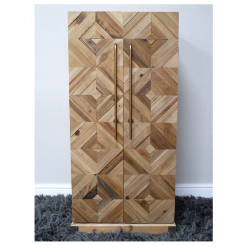 Rustic Marquetry Style Solid Light Fir Wood 2 Door Wine Bar Drinks Cabinet With Gold Metal Door Handles