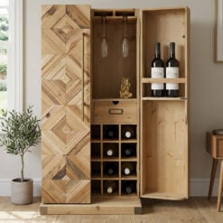 Rustic Marquetry Style Solid Light Fir Wood 2 Door Wine Bar Drinks Cabinet With Gold Metal Door Handles