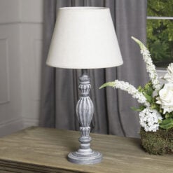 Rustic White Washed Hand Carved Wood Table Lamp With Neutral Linen Shade 40cm