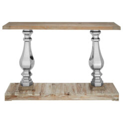 Rustic White Washed Solid Pine Wood And Silver Metal Large 2 Tier Pillar Console Table 147cm