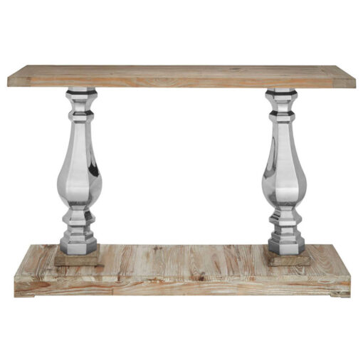 Rustic White Washed Solid Pine Wood And Silver Metal Large 2 Tier Pillar Console Table 147cm