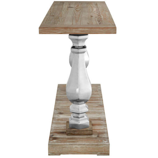 Rustic White Washed Solid Pine Wood And Silver Metal Large 2 Tier Pillar Console Table 147cm