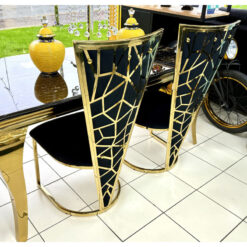 Set Of 2 Art Deco High V Back Gold Metal And Black Velvet Dining Chairs