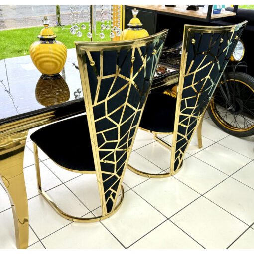 Set Of 2 Art Deco High V Back Gold Metal And Black Velvet Dining Chairs