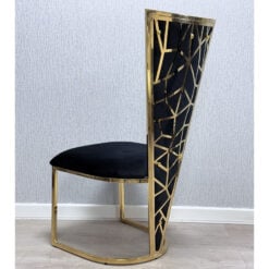 Set Of 2 Art Deco High V Back Gold Metal And Black Velvet Dining Chairs