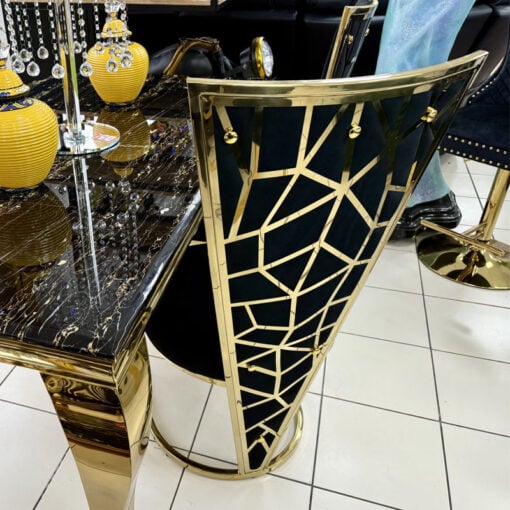 Set Of 2 Art Deco High V Back Gold Metal And Black Velvet Dining Chairs