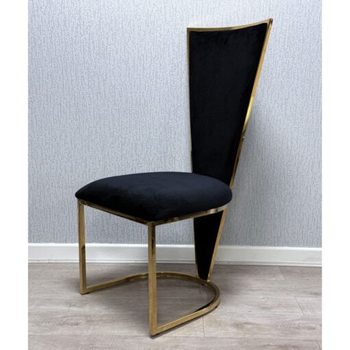 Set Of 2 Art Deco High V Back Gold Metal And Black Velvet Dining Chairs