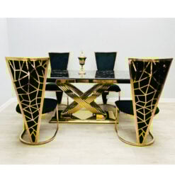 Set Of 2 Art Deco High V Back Gold Metal And Black Velvet Dining Chairs