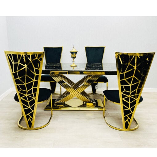 Set Of 2 Art Deco High V Back Gold Metal And Black Velvet Dining Chairs