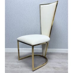 Set Of 2 Art Deco High V Back Gold Metal And Cream Velvet Dining Chairs