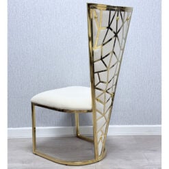 Set Of 2 Art Deco High V Back Gold Metal And Cream Velvet Dining Chairs