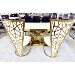 Set Of 2 Art Deco High V Back Gold Metal And Cream Velvet Dining Chairs