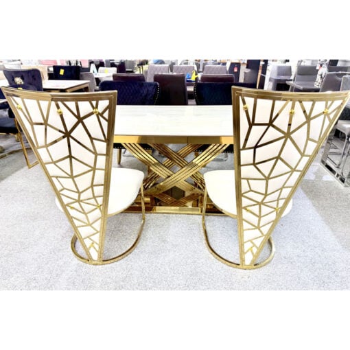 Set Of 2 Art Deco High V Back Gold Metal And Cream Velvet Dining Chairs Set Of 2 Art Deco High V Back Gold Metal And Cream Velvet Dining Chairs