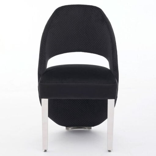 Set Of 2 Art Deco Open Curved Drop Back Black Velvet And Silver Chrome Metal Quilted Dining Chairs