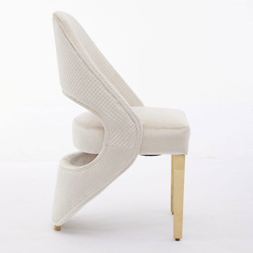 Set Of 2 Art Deco Open Curved Drop Back Cream Velvet And Gold Metal Quilted Dining Chairs