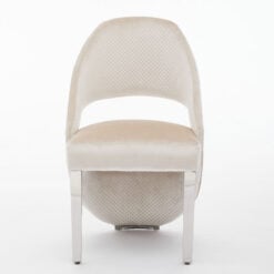 Set Of 2 Art Deco Open Curved Drop Back Cream Velvet And Silver Chrome Metal Quilted Dining Chairs