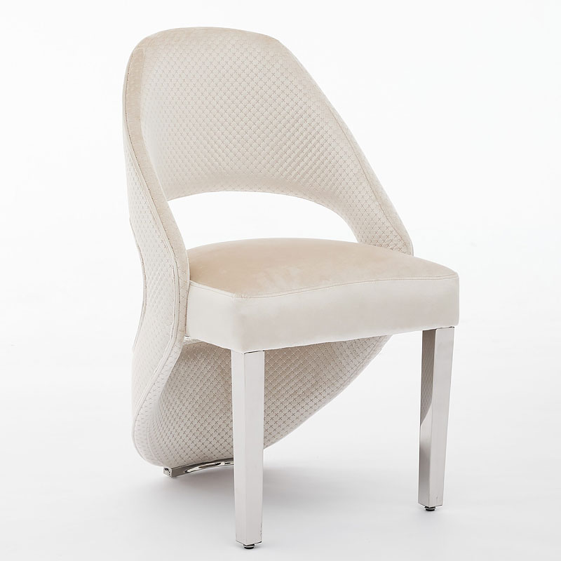 Set Of 2 Art Deco Open Curved Drop Back Cream Velvet And Silver Chrome Metal Quilted Dining Chairs Set Of 2 Art Deco Open Curved Drop Back Cream Velvet And Silver Chrome Metal Quilted Dining Chairs