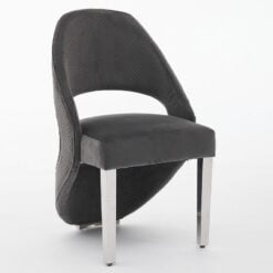 Set Of 2 Art Deco Open Curved Drop Back Grey Velvet And Silver Chrome Metal Quilted Dining Chairs