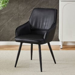 Set Of 2 Black Faux PU Leather And Black Metal Bucket Tub Dining Chairs