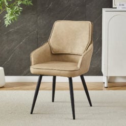 Set Of 2 Camel Beige Faux PU Leather And Black Metal Bucket Tub Dining Chairs