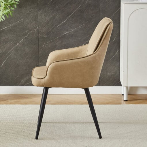 Set Of 2 Camel Beige Faux PU Leather And Black Metal Bucket Tub Dining Chairs