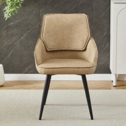 Set Of 2 Camel Beige Faux PU Leather And Black Metal Bucket Tub Dining Chairs