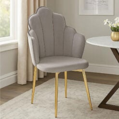Set Of 2 Gold Metal And Grey Velvet Scalloped Shell Dining Chairs