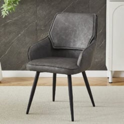 Set Of 2 Grey Faux PU Leather And Black Metal Bucket Tub Dining Chairs