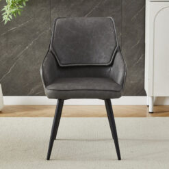 Set Of 2 Grey Faux PU Leather And Black Metal Bucket Tub Dining Chairs