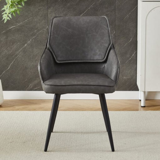 Set Of 2 Grey Faux PU Leather And Black Metal Bucket Tub Dining Chairs