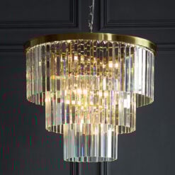 7 Light 3 Tier Brushed Gold Metal Ceiling Pendant Light With Glass Droplets 55cm