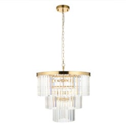 7 Light 3 Tier Brushed Gold Metal Ceiling Pendant Light With Glass Droplets 55cm