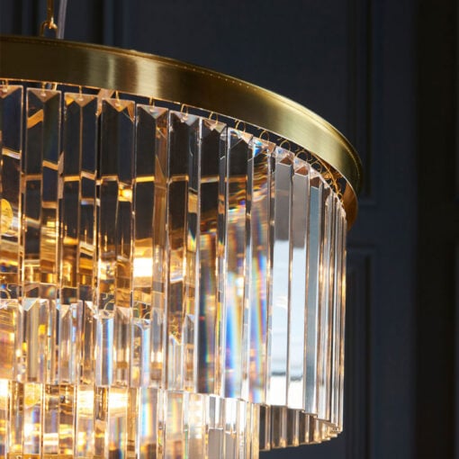 7 Light 3 Tier Brushed Gold Metal Ceiling Pendant Light With Glass Droplets 55cm