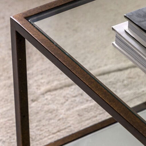 Antique Bronze Metal And Clear Glass Rectangular 2 Tier Coffee Table With Mirrored Lower Shelf 90cm