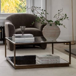 Antique Bronze Metal And Clear Glass Rectangular 2 Tier Coffee Table With Mirrored Lower Shelf 90cm