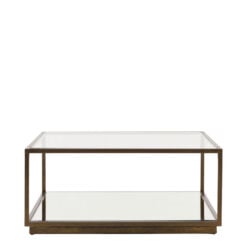Antique Bronze Metal And Clear Glass Rectangular 2 Tier Coffee Table With Mirrored Lower Shelf 90cm