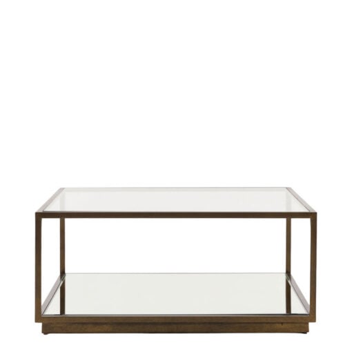 Antique Bronze Metal And Clear Glass Rectangular 2 Tier Coffee Table With Mirrored Lower Shelf 90cm