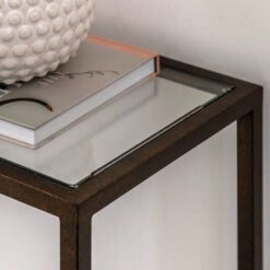 Antique Bronze Metal And Clear Glass Rectangular 2 Tier Slim Console Table With Mirrored Lower Shelf 120cm